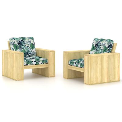 vidaXL Garden Chairs 2 pcs & Leaf Pattern Cushions Impregnated Pinewood