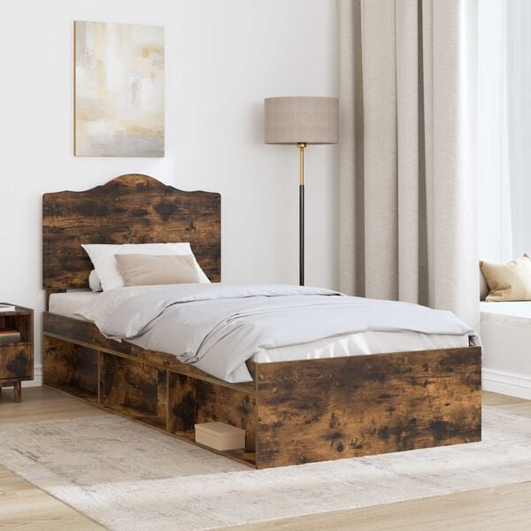 vidaXL Bed Frame with Headboard Smoked Oak 75 x 190 cm Solid Pine Wood