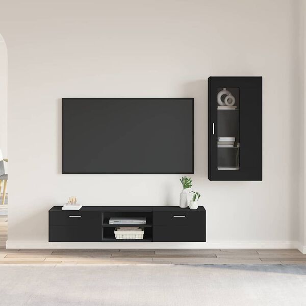 vidaXL TV Cabinet Set with Drawer FLORIN Black Engineered Wood