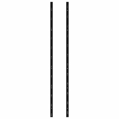 Two tall black rails with evenly spaced small holes along their length
