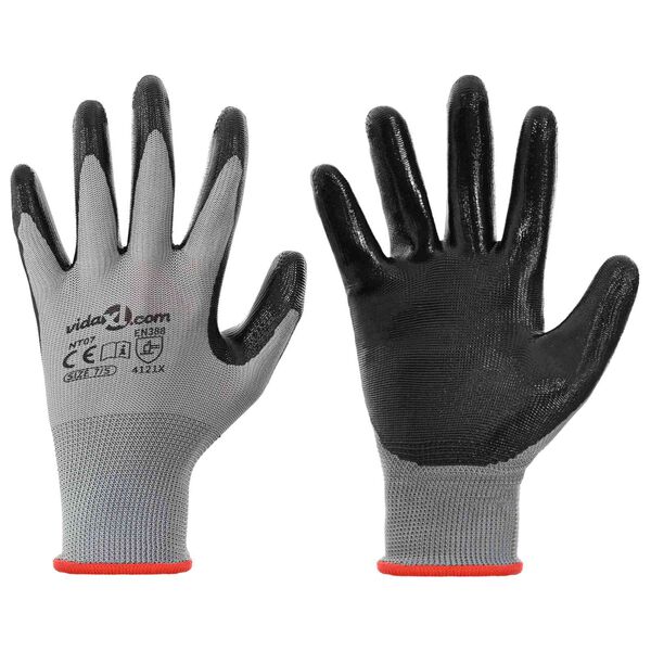 vidaXL Work Gloves 12 pcs Grey and Black 7 / S Polyester