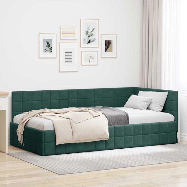 vidaXL Corner Bed Frame Dark Green 90 cm x 200 cm Velvet