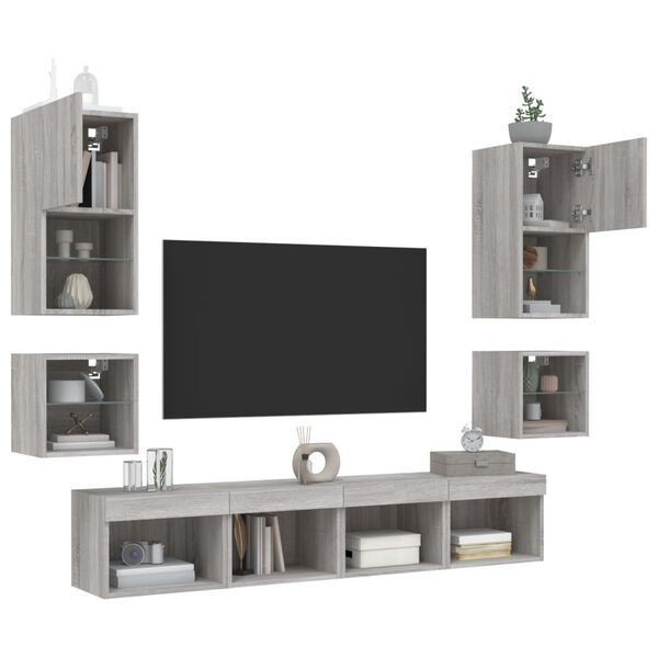 vidaXL 8 Piece TV Wall Units with LED Grey Sonoma Engineered Wood