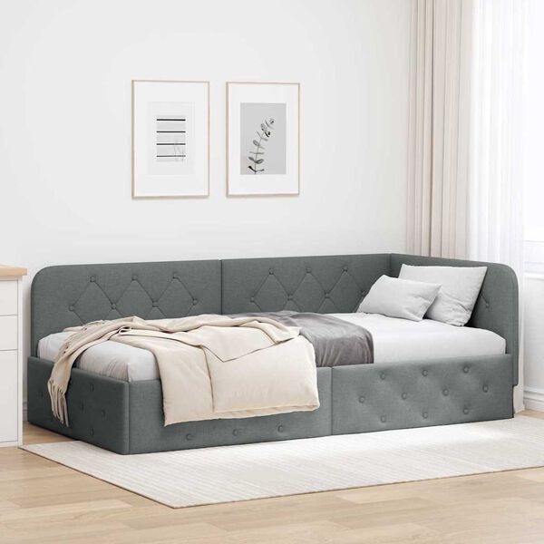 vidaXL Corner Bed Frame with Headboard Dark Grey 90 x 190 cm Fabric