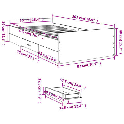 vidaXL Bed Frame with Drawers Black 90x200 cm Engineered Wood