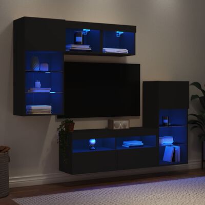 vidaXL 5 Piece TV Wall Units with LED Black Engineered Wood