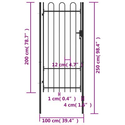 vidaXL Fence Gate Single Door with Arched Top Steel 1x2 m Black
