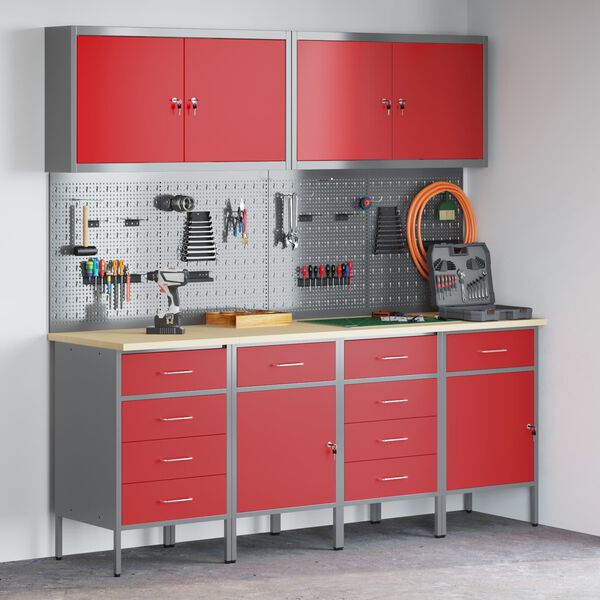 vidaXL Work Cabinet with Drawer 10 pcs Red Engineered Wood and Steel
