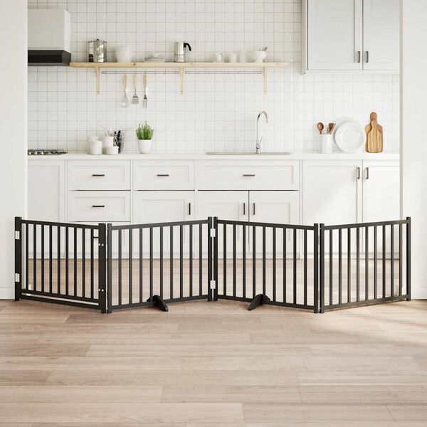 vidaXL Dog Gate with Door Foldable 4 Panels Black 320 cm Solid Wood Fir