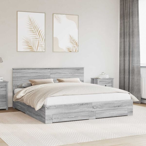 vidaXL Bed Frame with Drawer Grey Sonoma 200 x 200 cm Engineered Wood