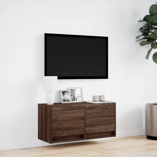 vidaXL TV Wall Cabinet with LED Lights Brown Oak 80x31x35 cm