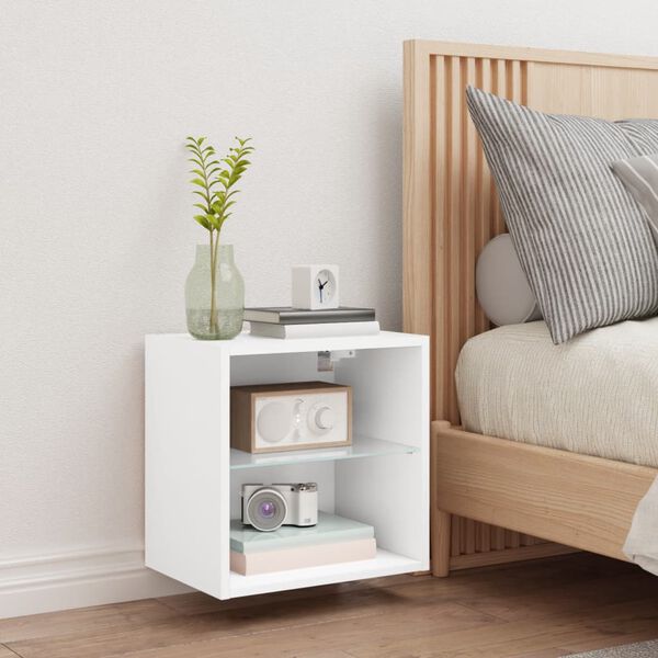 vidaXL Bedside Cabinet with LED Lights Wall-mounted White