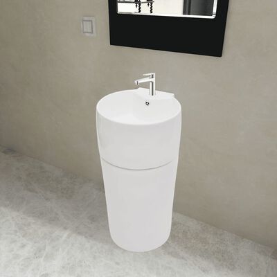 Ceramic Stand Bathroom Sink Basin Faucet/Overflow Hole White Round
