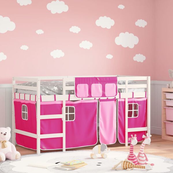 vidaXL Kids' Loft Bed with Curtains without Mattress Pink 90x200cm