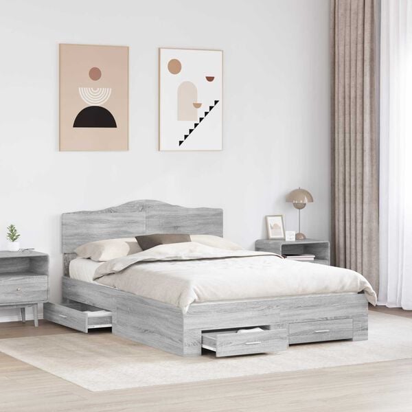 vidaXL Bed Frame with Drawer Grey Sonoma 140 x 190 cm Engineered Wood