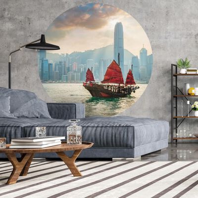 WallArt Wallpaper Circle Skyline with Junk Boat 142.5 cm