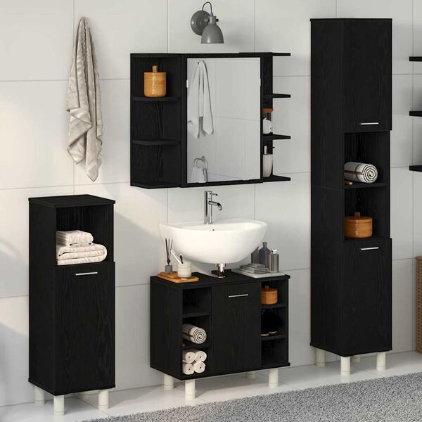 vidaXL Bathroom Furniture Set with Door 4 pcs Black 30 x 30 x 179.5 cm