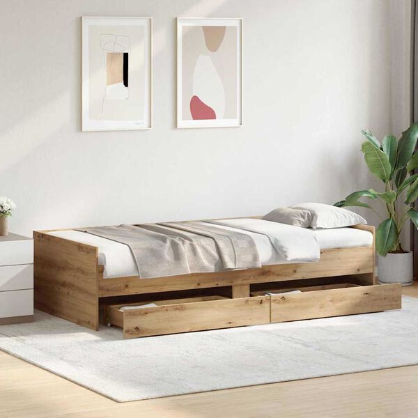 vidaXL Bed Frame with Drawer Artisan Oak 100 x 200 cm Solid Pine Wood