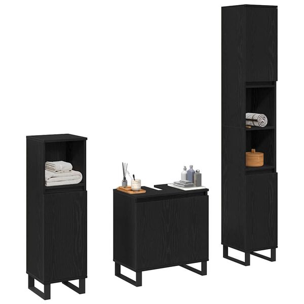 vidaXL Bathroom Furniture Set Wall-mounted with Door 3 pcs Black Oak