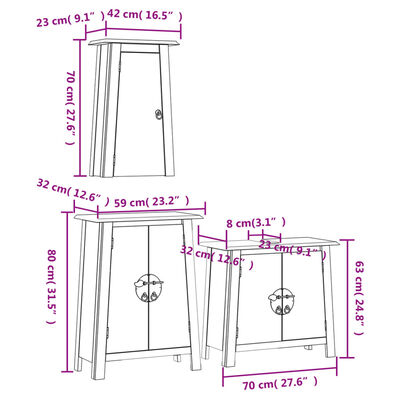 Technical diagram with dimensions of wooden bathroom vanities and storage cabinets.