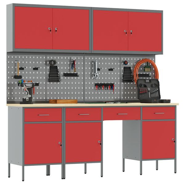 vidaXL Work Bench with Drawer 10 pcs Red 200 x 55 x 200 cm Steel