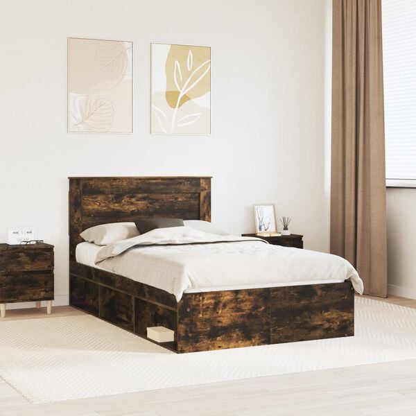 vidaXL Bed Frame with Drawer Smoked Oak 120 x 190 cm Solid Pine Wood