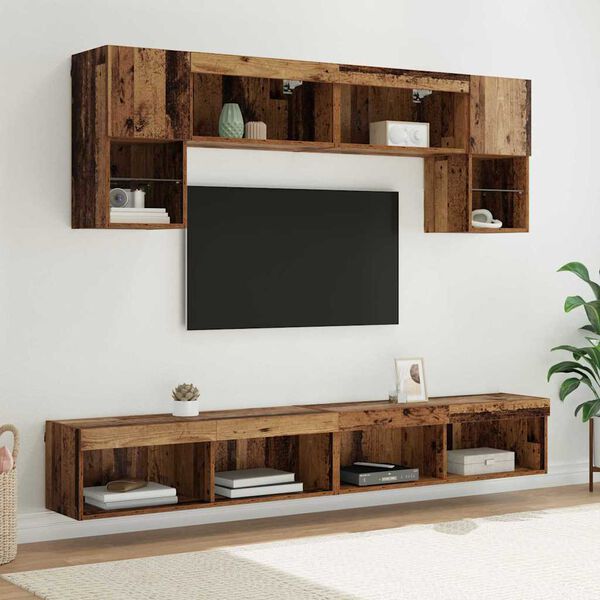 vidaXL TV Wall Units with LED 6 pcs Old Wood Engineered Wood
