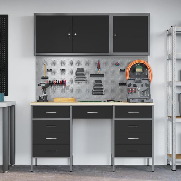 vidaXL Work Cabinet with Drawer 8 pcs Black Engineered Wood and Steel