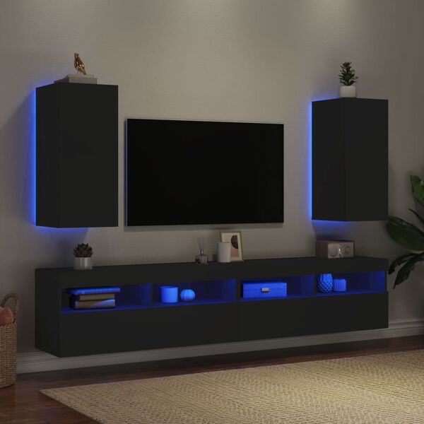 vidaXL TV Wall Cabinets with LED Lights 2 pcs Black 30.5x35x70 cm