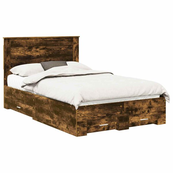 vidaXL Bed Frame with Drawer Smoked Oak 135 x 190 cm Engineered Wood