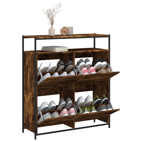 vidaXL Shoe Cabinet with 4 Flip-Drawers Smoked Oak 100x34x112 cm