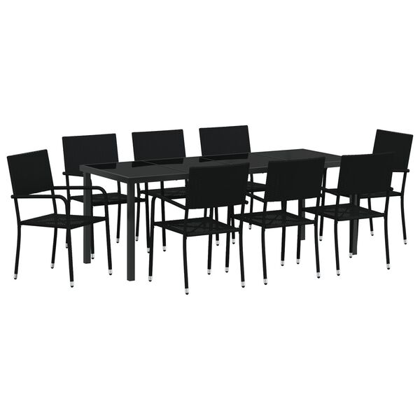 vidaXL Garden Dining Set with Cushion 9 pcs Black Poly Rattan