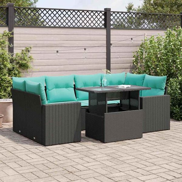vidaXL 7 Piece Garden Sofa Set with Cushions Black Poly Rattan Acacia