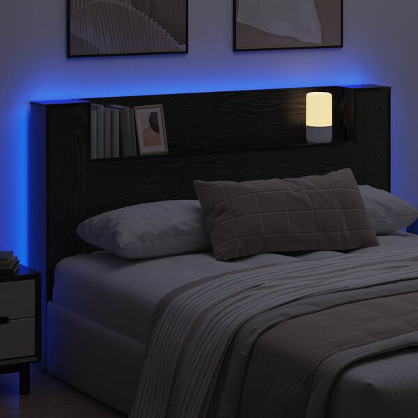 vidaXL Headboard Cabinet with LED Black Oak 160 x 16.5 x 103.5 cm
