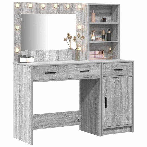 vidaXL Dressing Table with Mirror Lights 2 pcs Grey Engineered Wood
