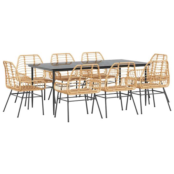 vidaXL 9 Piece Garden Dining Set Brown Poly Rattan Glass