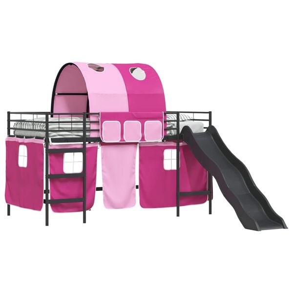 vidaXL Kids'Loft Bed Frame with Curtains, Arch, Slide Black and Pink