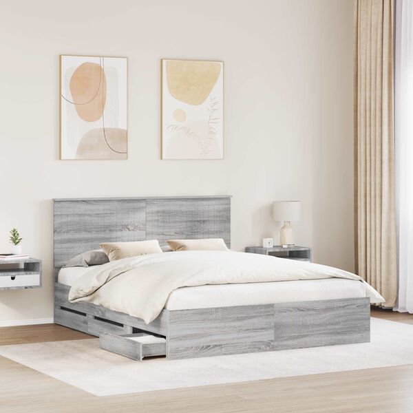 vidaXL Bed Frame with Headboard Grey Sonoma 160 x 200 cm Engineer Wood
