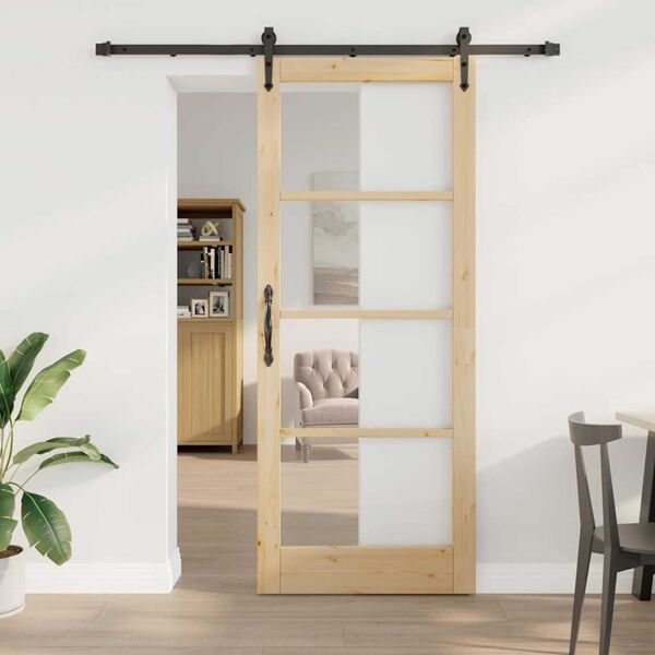 vidaXL Sliding Door Natural 86 x 211 cm Solid Pine Wood and Glass