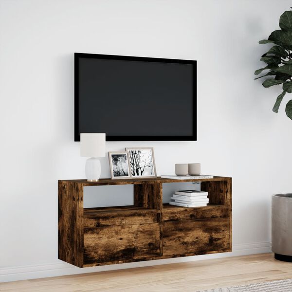 vidaXL TV Wall Cabinet with LED Lights Smoked Oak 100x31x45 cm