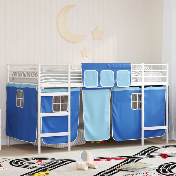 vidaXL Kids'Loft Bed Frame with Curtains White and Blue 100 x 201 cm