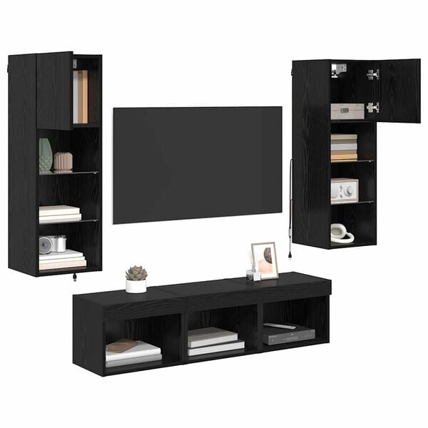 vidaXL TV Wall Units Wall-mounted 5 pcs Black Oak Engineered Wood