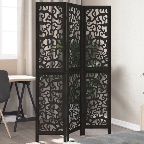 vidaXL Room Divider 3 Panels Black Solid Wood Paulownia