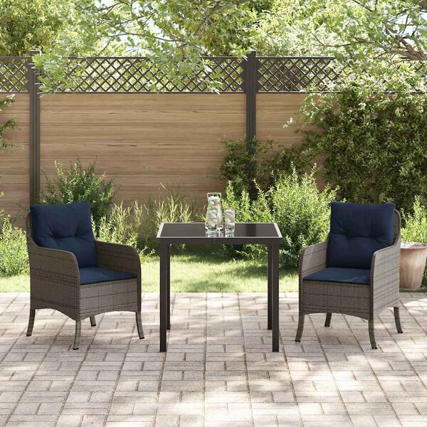 vidaXL Garden Dining Set with Cushion 3 pcs Grey Poly Rattan