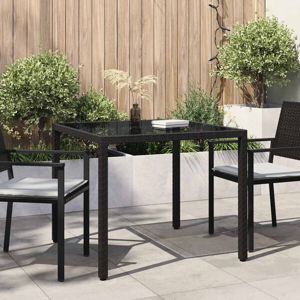 vidaXL Garden Table 90x90x75 cm Tempered Glass and Poly Rattan Black