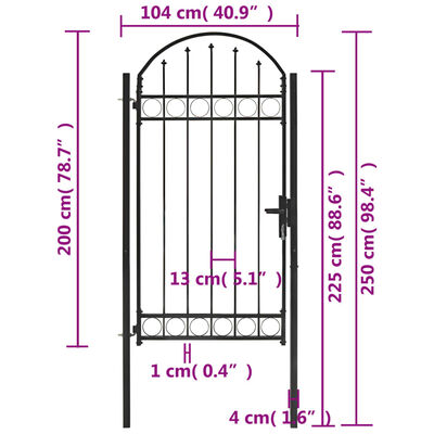 vidaXL Fence Gate with Arched Top Steel 100x250 cm Black