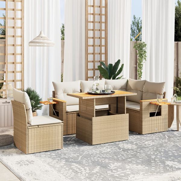 vidaXL 6 Piece Garden Sofa Set with Cushions Beige Poly Rattan