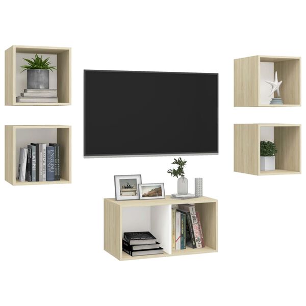 vidaXL 5 Piece TV Cabinet Set White and Sonoma Oak Engineered Wood