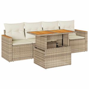 vidaXL 5 Piece Garden Sofa Set with Cushions Beige Poly Rattan Acacia