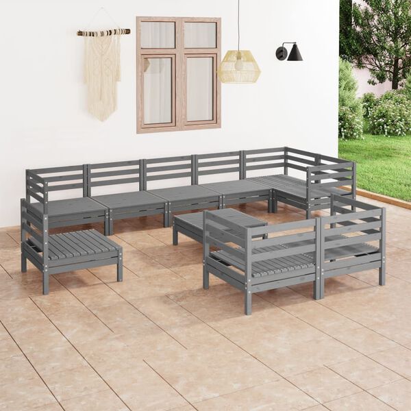 vidaXL 10 Piece Garden Lounge Set Solid Wood Pine Grey